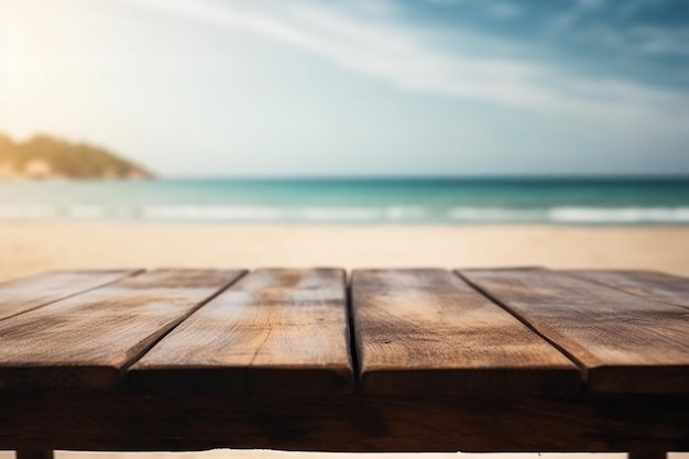 A wooden table with a beach in the background