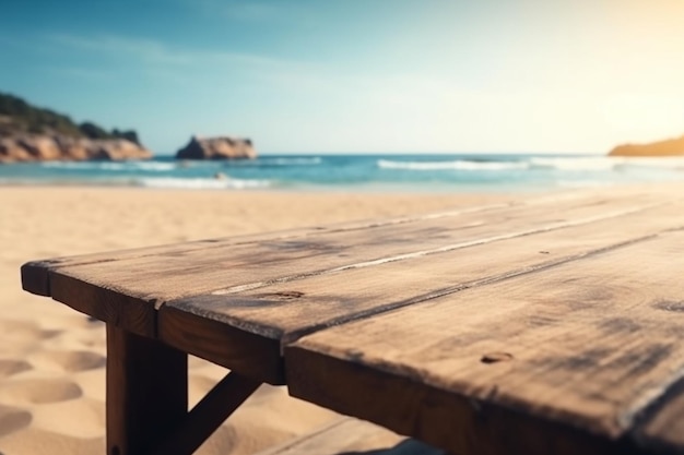 A wooden table with a beach in the background