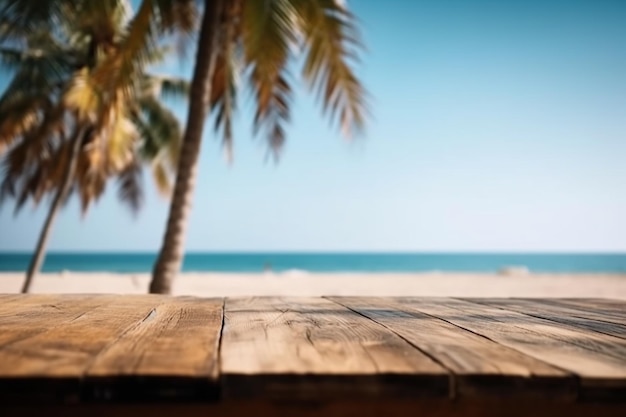 A wooden table with a beach in the background