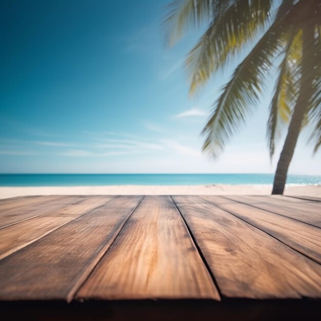 A wooden table with a beach in the background