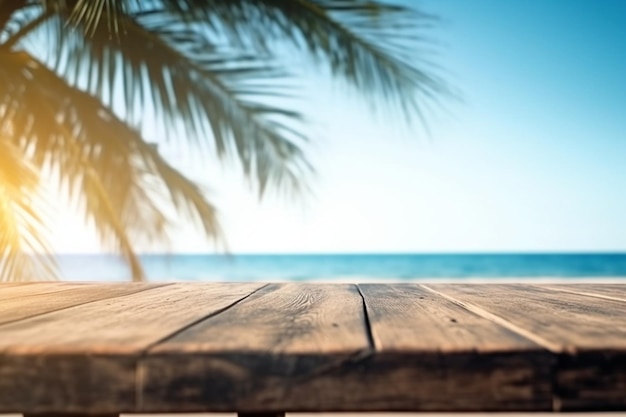 A wooden table with a beach in the background