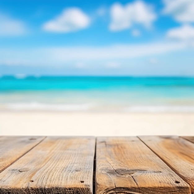 A wooden table with a beach in the background