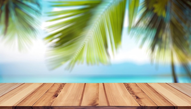 Wooden table with a beach and a palm tree in the background