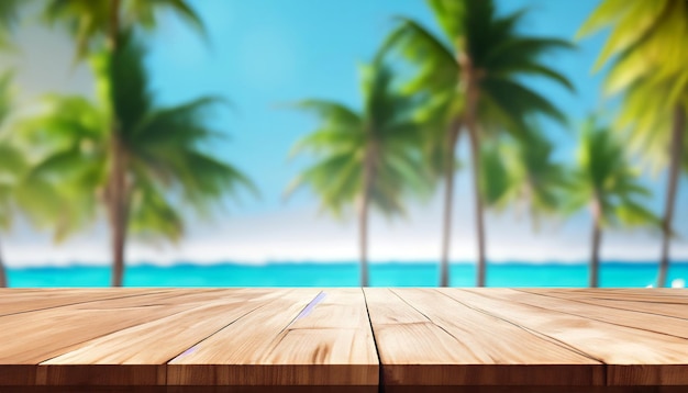 A wooden table with a beach and palm trees in the background.