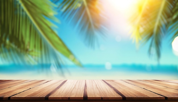 A wooden table with a beach and palm trees in the background.