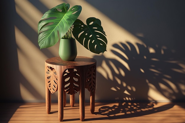 Wooden table with beautiful sunlit green tropical plant monstera leaves and shadows on beige wall