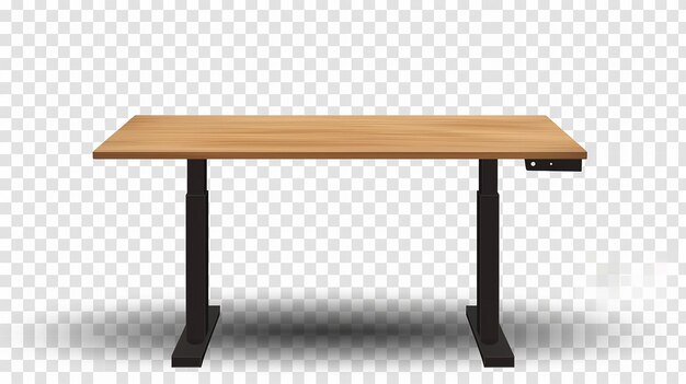 wooden table with a black base and a white background