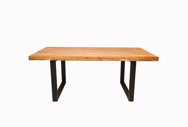 wooden table with black metal legs on white background