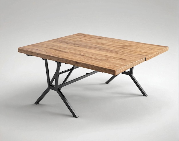 a wooden table with black metal legs