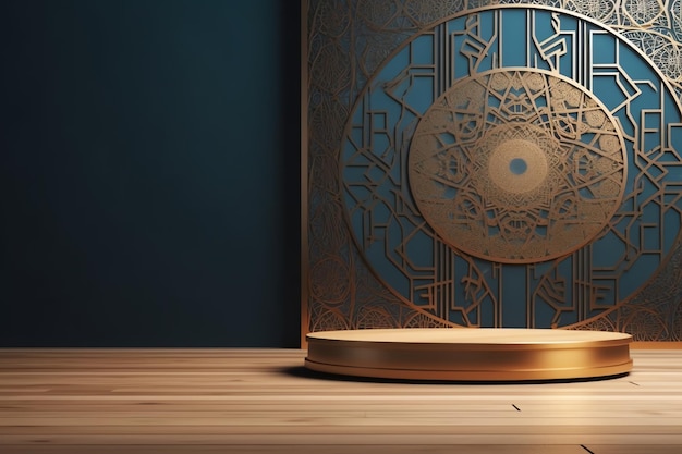 A wooden table with a blue background and a wooden base with a gold design.