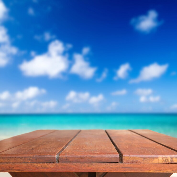 Photo wooden table with blue sky