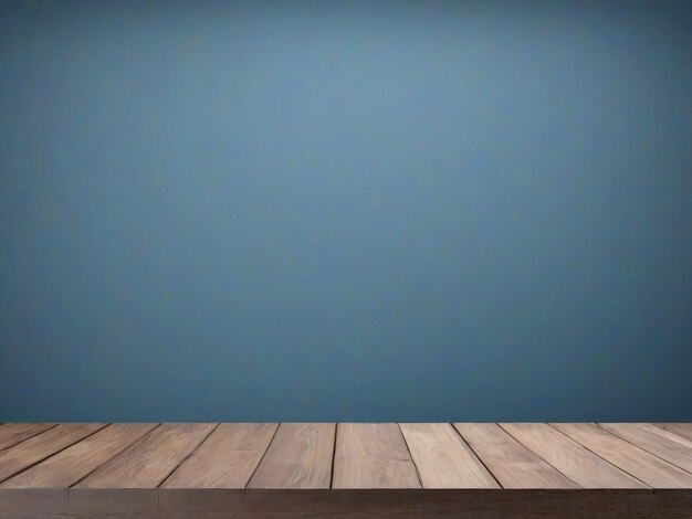 Foto tavolo in legno con sfondo a parete in stucco blu con fascio luminoso modello di presentazione del prodotto