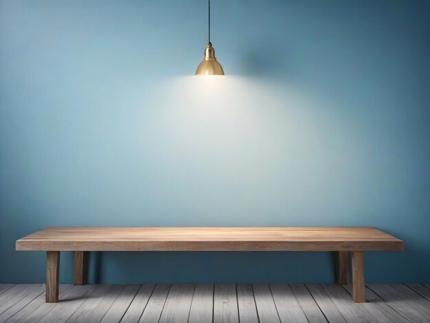 Photo wooden table with blue stucco wall background with light beam product presentation mock up