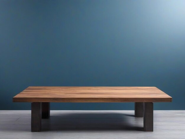 Wooden table with blue stucco wall background with light beam Product presentation mock up