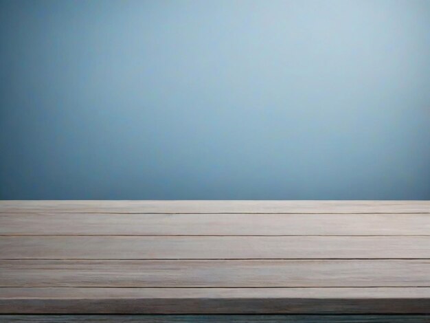 Wooden table with blue stucco wall background with light beam Product presentation mock up