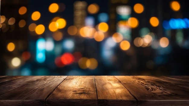 Wooden table with blue and yellow light show in the background