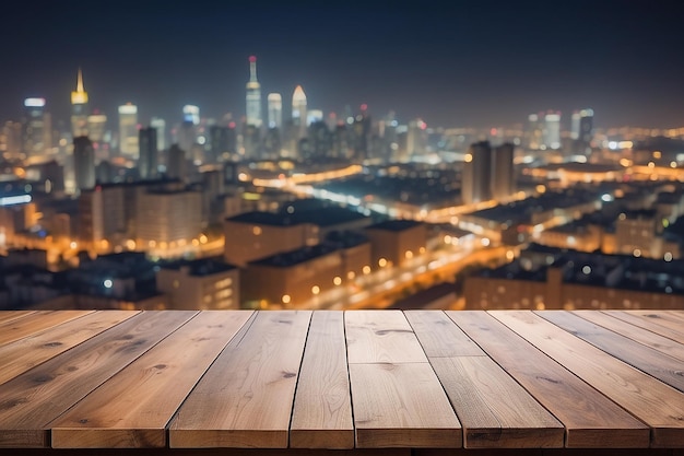 Wooden table with blur background of cityscape