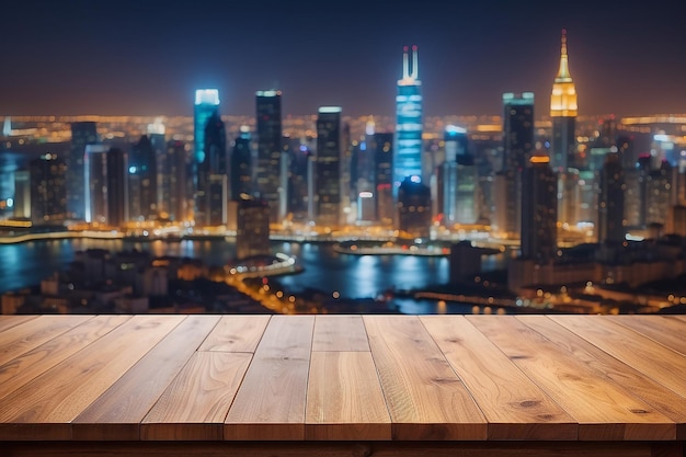 Wooden table with blur background of cityscape