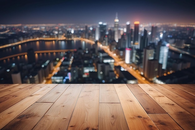 Wooden table with blur background of cityscape