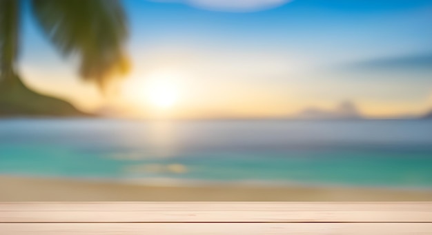 Wooden table with blur summer beach background