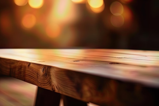 Wooden table with blurred background of evening light or sunset warm and cozy