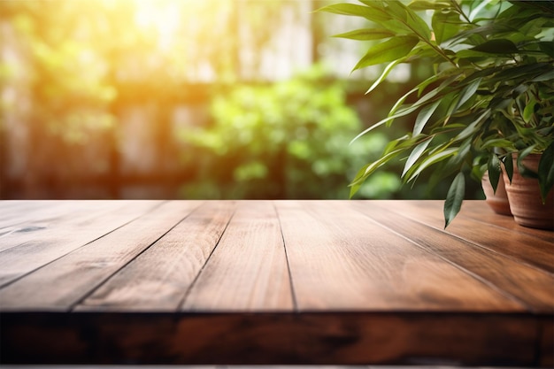 wooden table with blurred background from plant wi