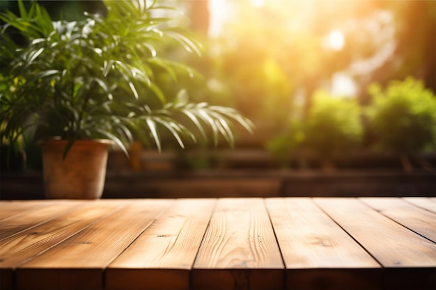 wooden table with blurred background from plant wi