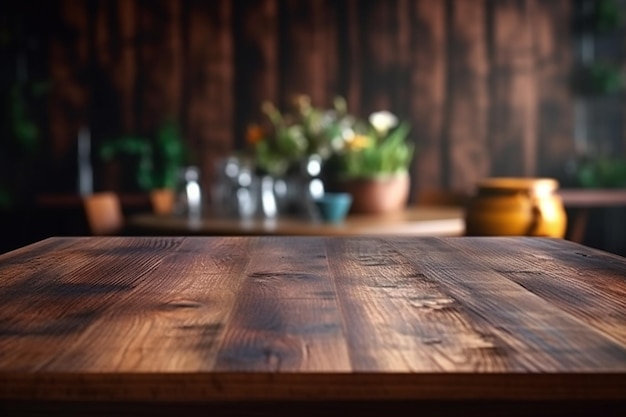 A wooden table with a blurred background of plants and a potted plant.