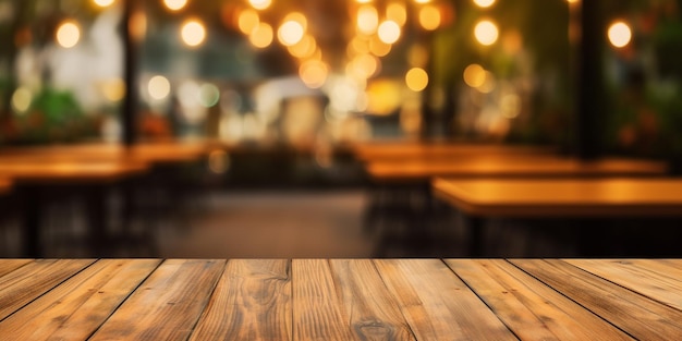 a wooden table with a blurred background with lights and a blurred background