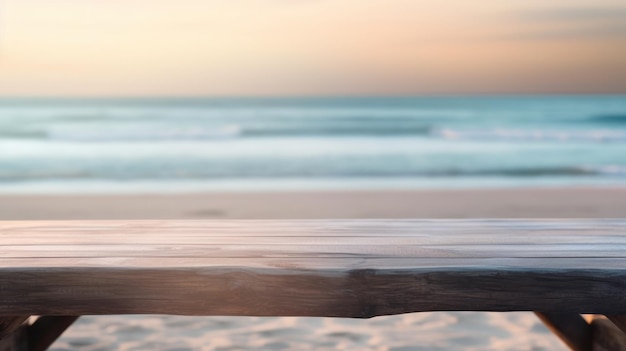 A wooden table with a blurred beach in the background