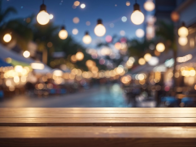 Wooden Table with a Blurred Beach Cafe Background