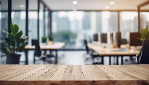 Wooden table with blurred office backdrop ideal for product presentations