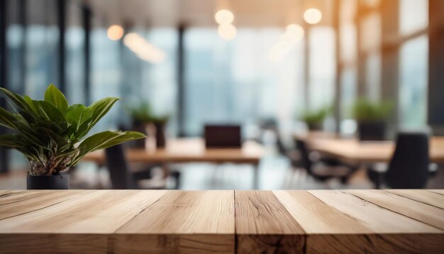 Wooden table with blurred office backdrop ideal for product presentations