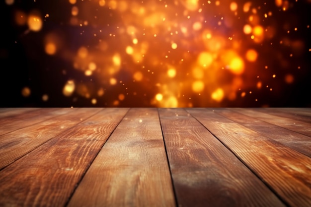 a wooden table with a blurry background of lights generative ai