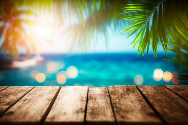 Wooden table with blurry background of the ocean and boat Generative AI