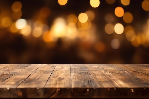 A wooden table with blurry lights in the background