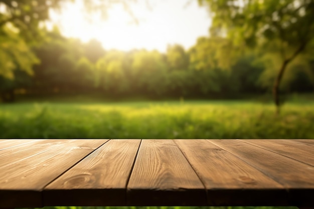 Wooden table with blurry nature background