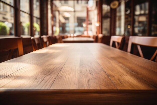 Foto tavolo in legno con una scena sfocata del ristorante