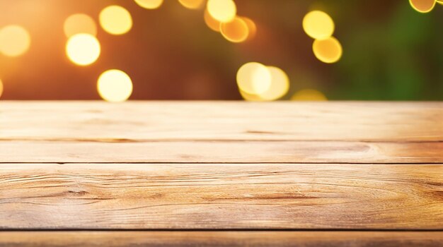 Photo wooden table with bokeh background generated by ai