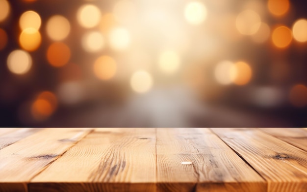 A wooden table with a bokeh background