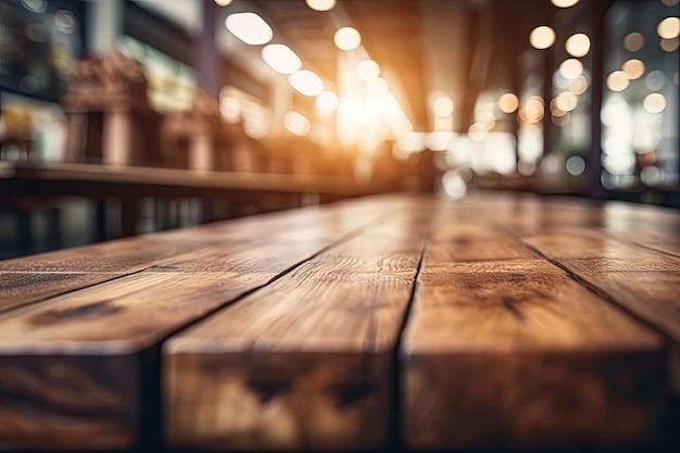 Wooden table with bokeh lights in the background Generative AI