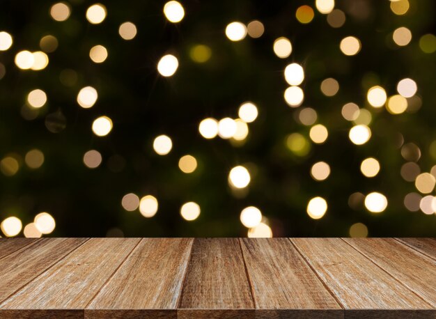 Wooden table with bokeh lights