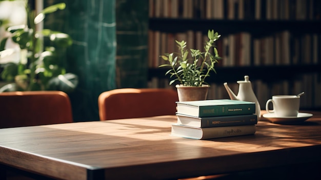 A wooden table with books and a teacup in front of a window