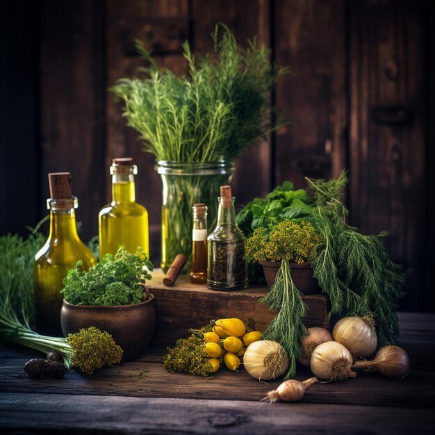 a wooden table with bottles of olive oil and garlic