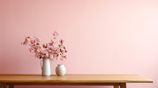 Photo wooden table with bouquet of flowers in vase on pink background copy space