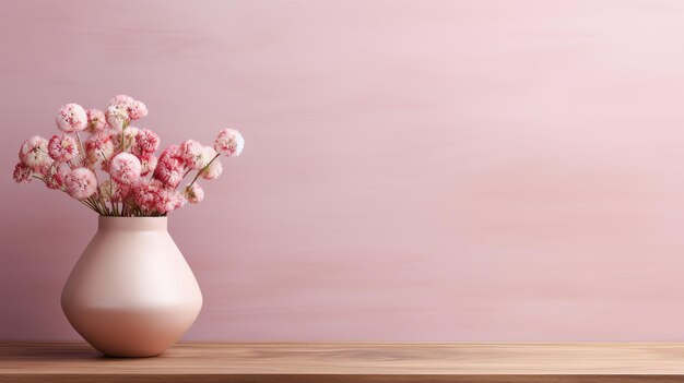 Photo wooden table with bouquet of flowers in vase on pink background copy space