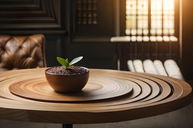 A wooden table with a bowl of coffee on it and a window in the background