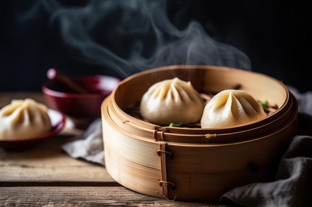 A wooden table with a bowl of dumplings with smoke coming out of it.