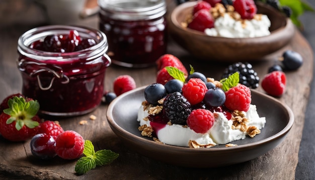 A wooden table with a bowl of fruit and a jar of jam