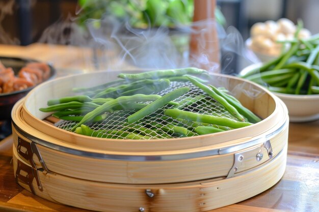 Photo wooden table with bowl of green beans